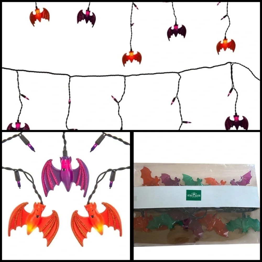 Kurt Adler UL 10 Orange Purple Green Bat Icicle String Halloween Light Set